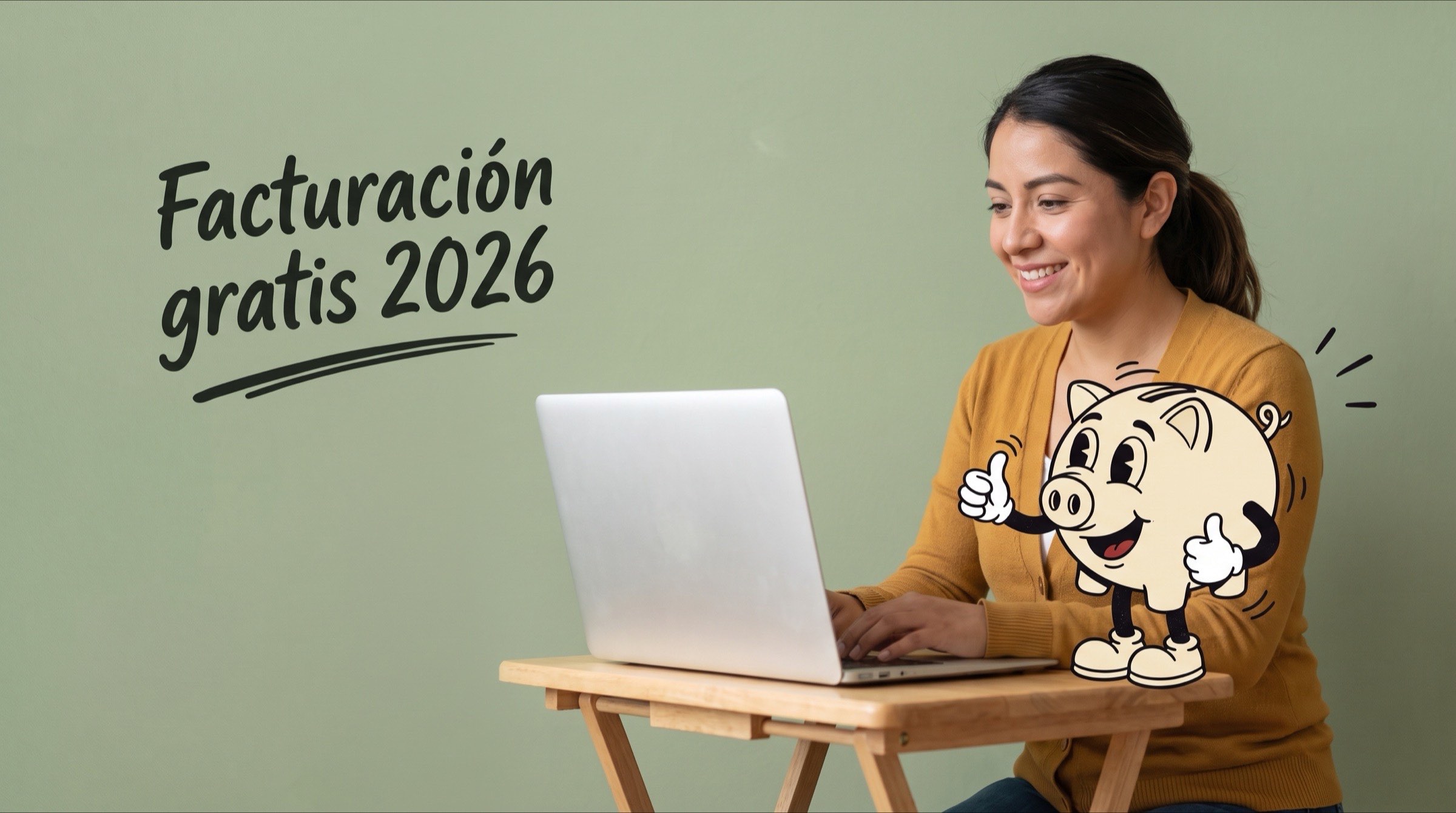 Persona con una laptop junto a una alcancía ilustrada