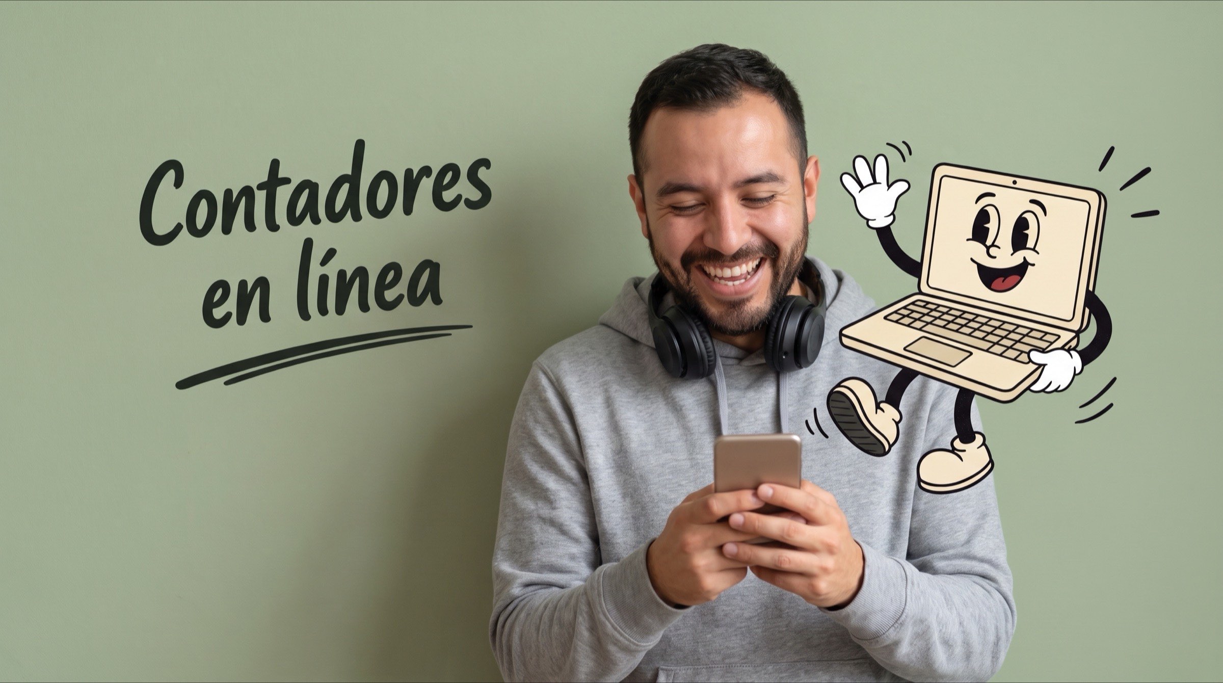 Persona que mira su celular junto a una laptop ilustrada