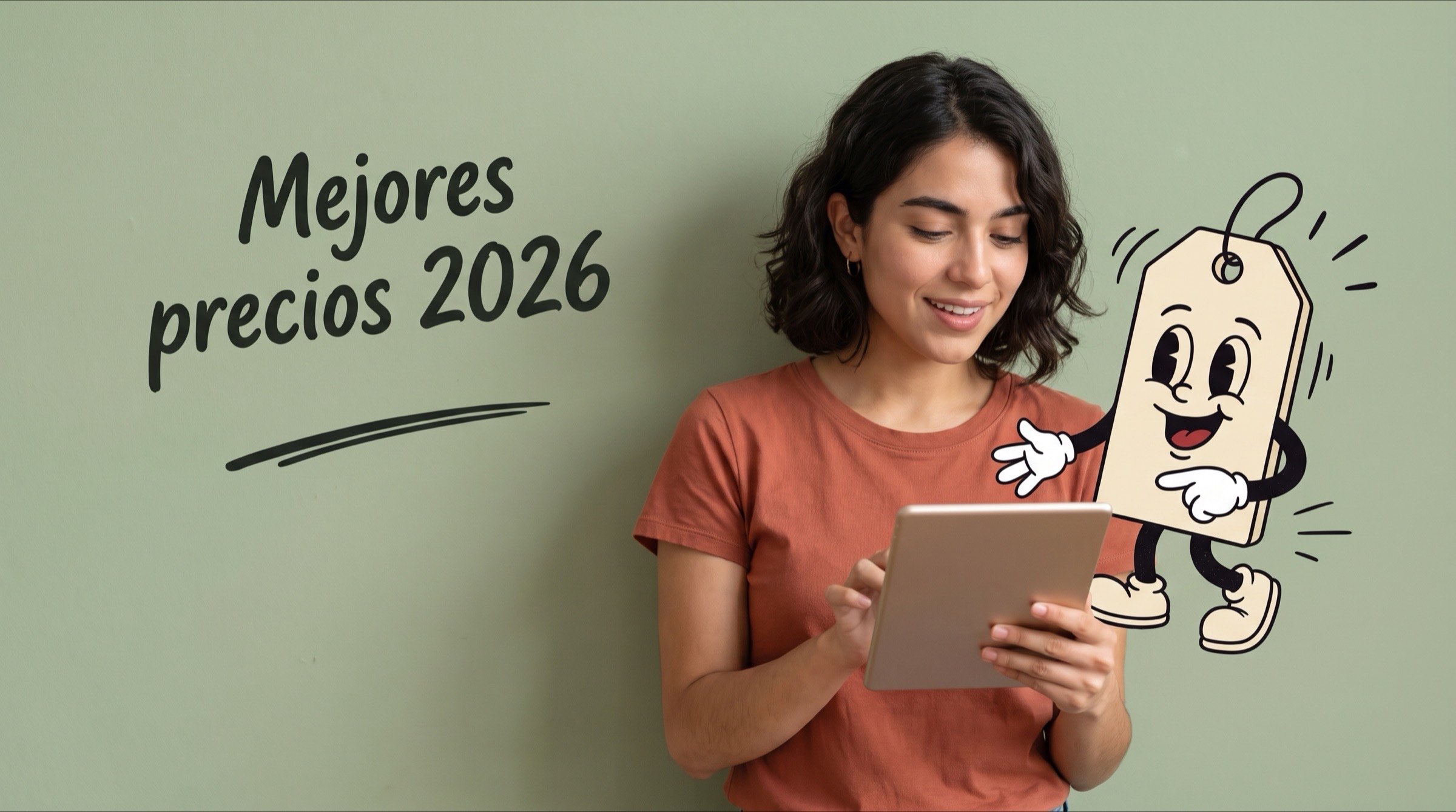 Persona con una tableta junto a una etiqueta de precio ilustrada